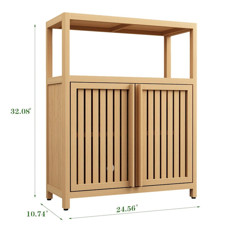 Natural Wood Double Door Storage Cabinet with Open Shelf Natural Finish