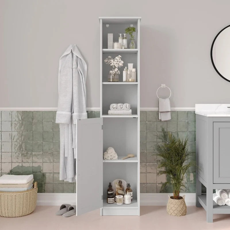 Tall Freestanding Linen Tower Cabinet with Open Shelves and Door, White/Gray