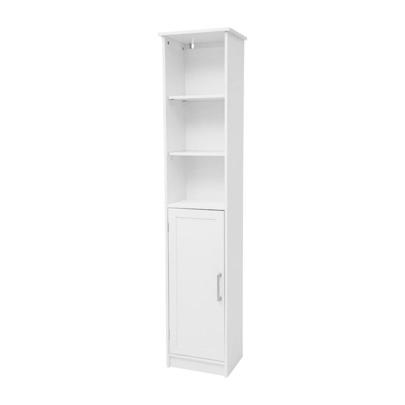 Tall Freestanding Linen Tower Cabinet with Open Shelves and Door, White/Gray