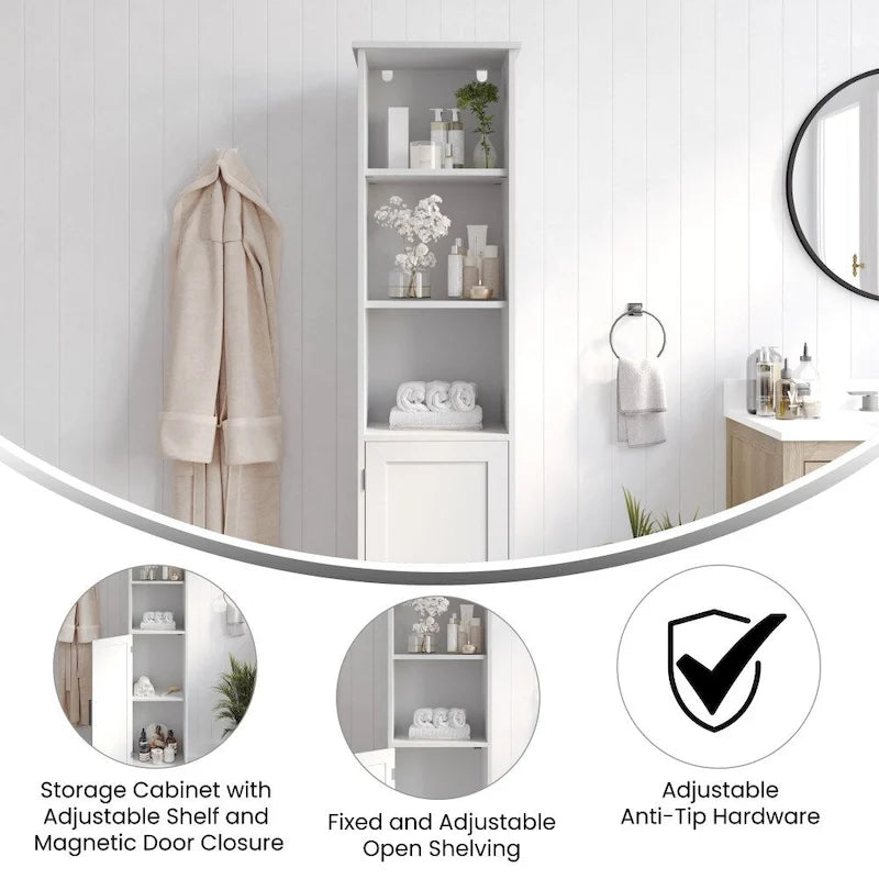Tall Freestanding Linen Tower Cabinet with Open Shelves and Door, White/Gray