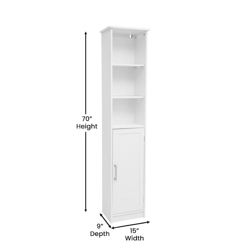 Tall Freestanding Linen Tower Cabinet with Open Shelves and Door, White/Gray
