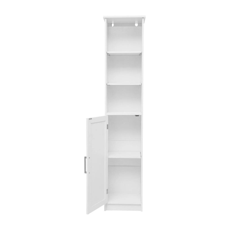 Tall Freestanding Linen Tower Cabinet with Open Shelves and Door, White/Gray