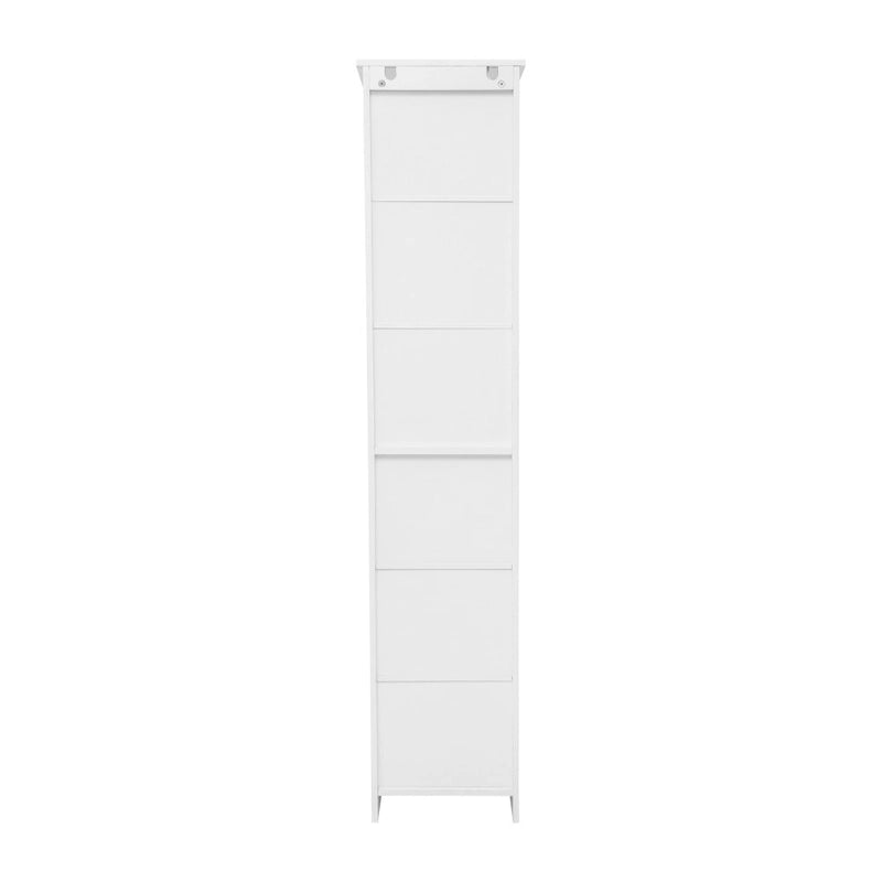 Tall Freestanding Linen Tower Cabinet with Open Shelves and Door, White/Gray