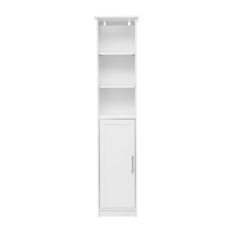 Tall Freestanding Linen Tower Cabinet with Open Shelves and Door, White/Gray