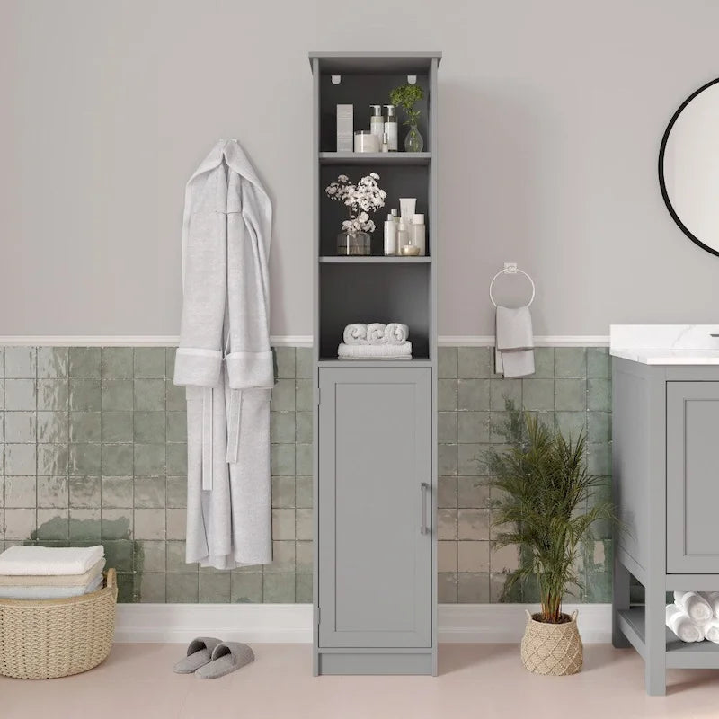 Tall Freestanding Linen Tower Cabinet with Open Shelves and Door, White/Gray