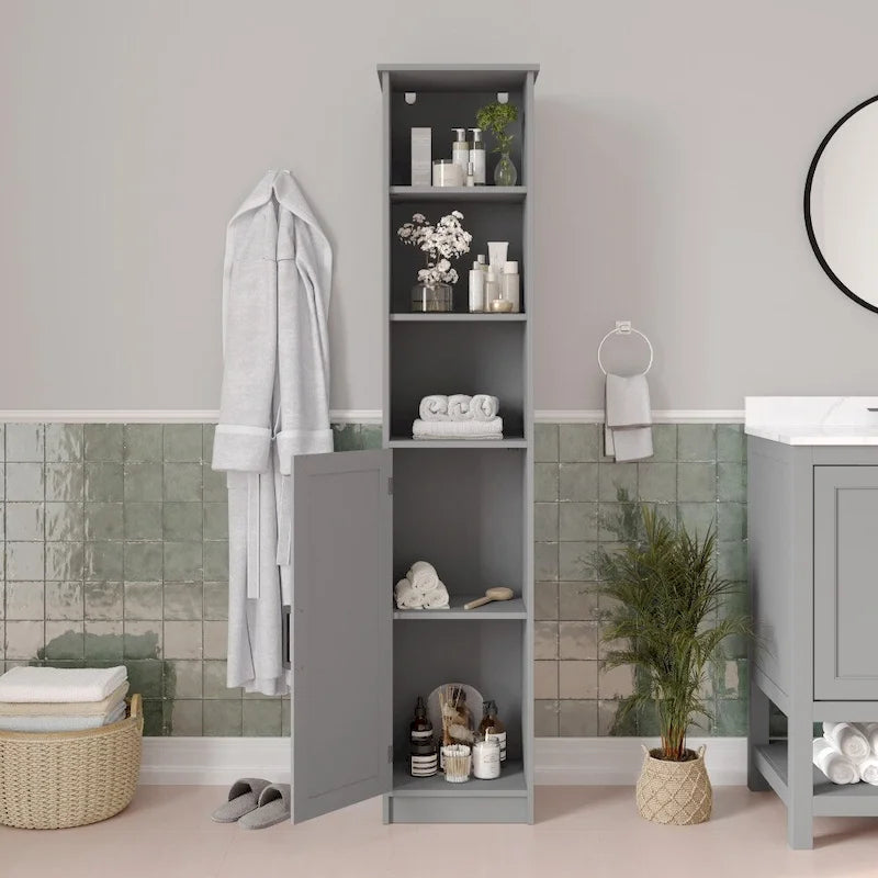 Tall Freestanding Linen Tower Cabinet with Open Shelves and Door, White/Gray
