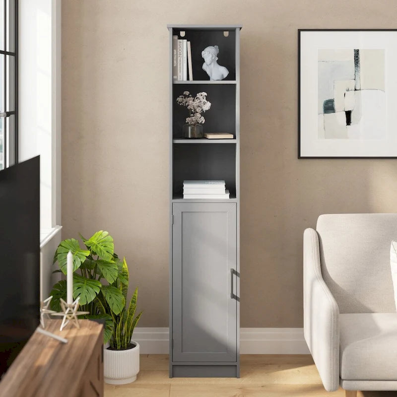 Tall Freestanding Linen Tower Cabinet with Open Shelves and Door, White/Gray