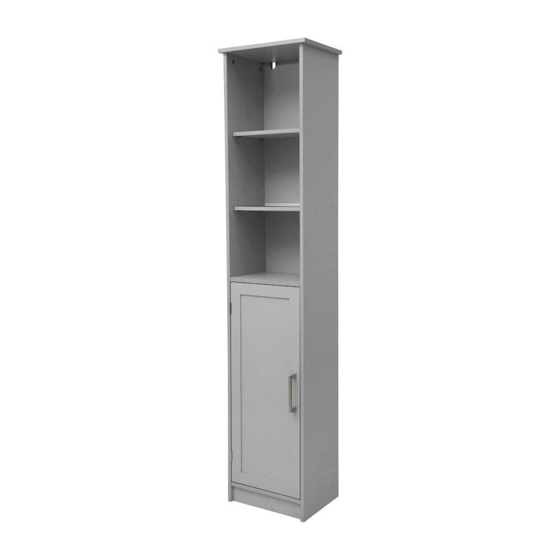 Tall Freestanding Linen Tower Cabinet with Open Shelves and Door, White/Gray