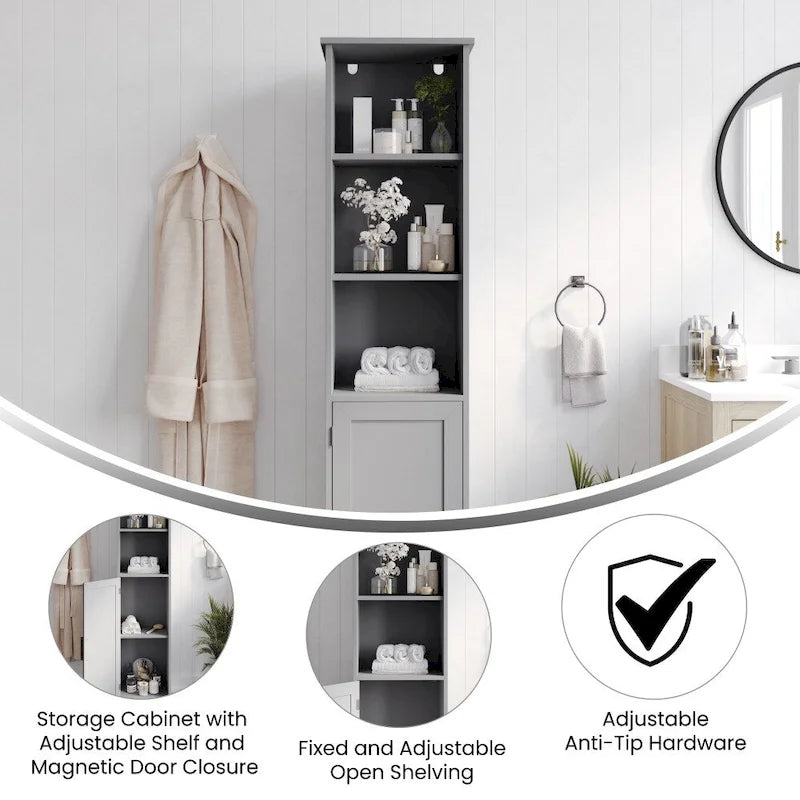 Tall Freestanding Linen Tower Cabinet with Open Shelves and Door, White/Gray
