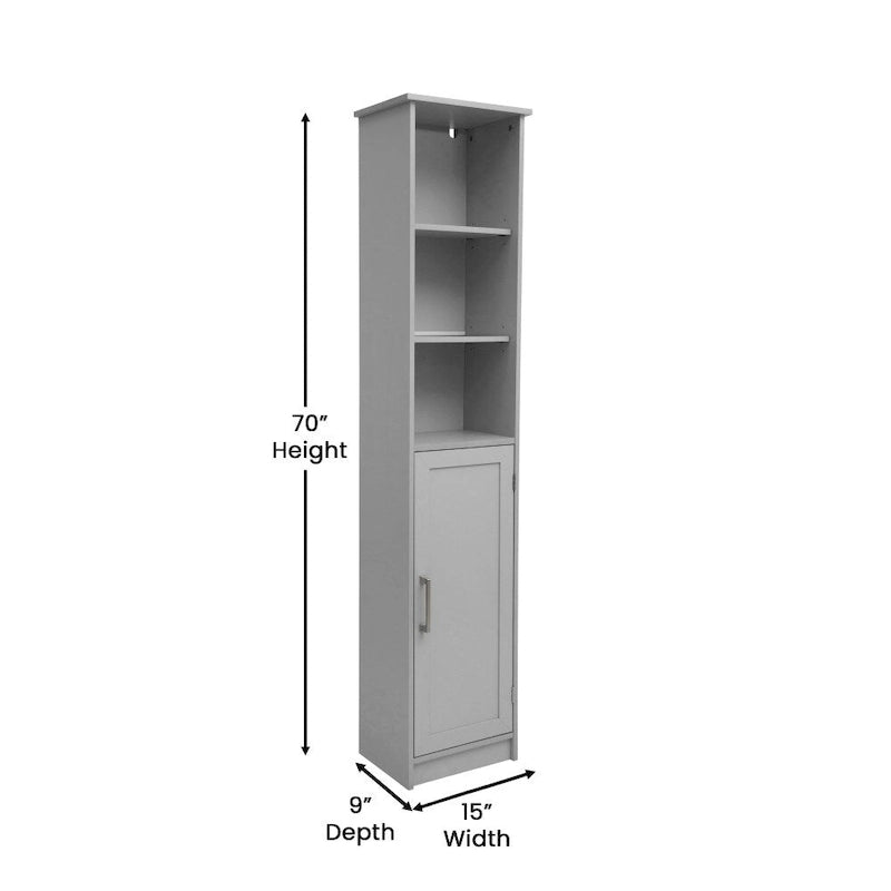Tall Freestanding Linen Tower Cabinet with Open Shelves and Door, White/Gray