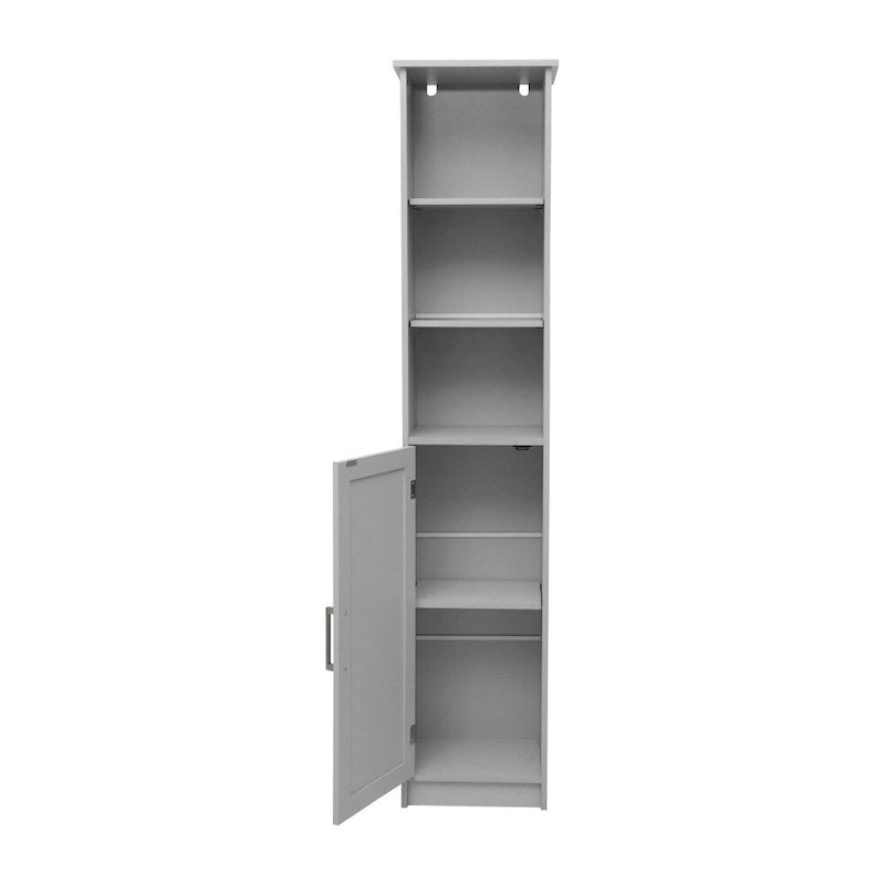 Tall Freestanding Linen Tower Cabinet with Open Shelves and Door, White/Gray