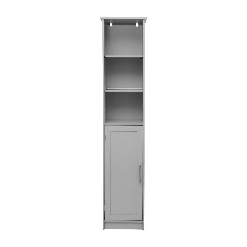 Tall Freestanding Linen Tower Cabinet with Open Shelves and Door, White/Gray