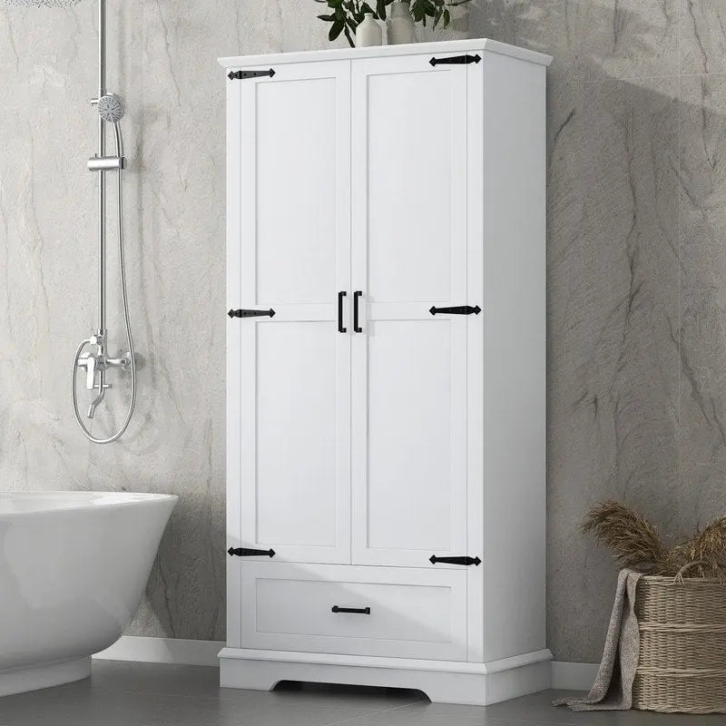 White Tall Storage Cabinet 2 Doors 1 Drawer Adjustable Shelves MDF