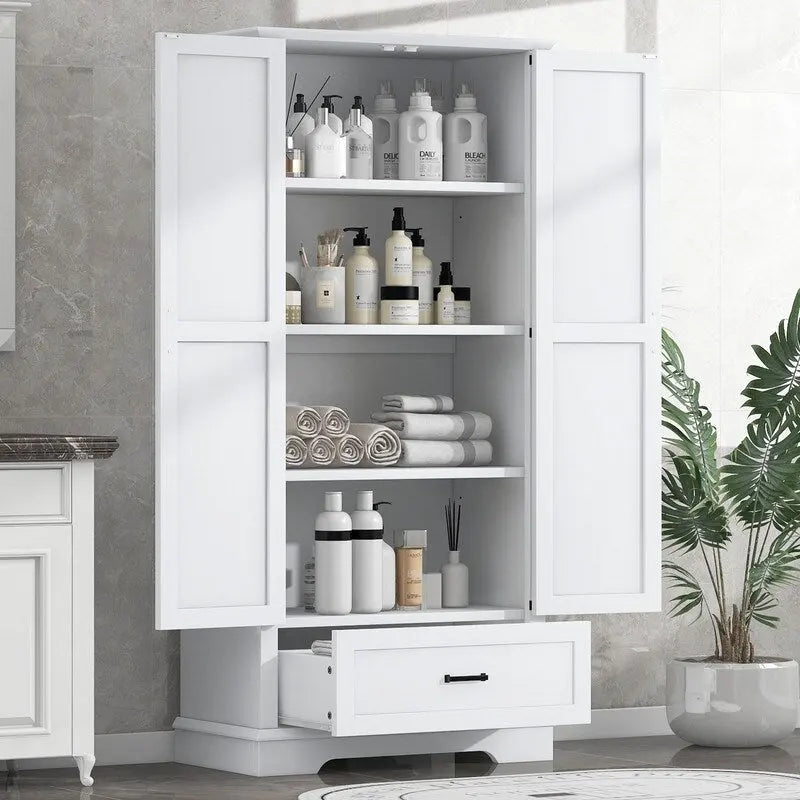 White Tall Storage Cabinet 2 Doors 1 Drawer Adjustable Shelves MDF