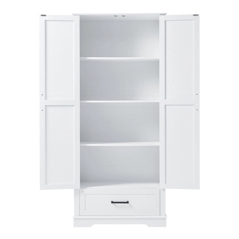 White Tall Storage Cabinet 2 Doors 1 Drawer Adjustable Shelves MDF