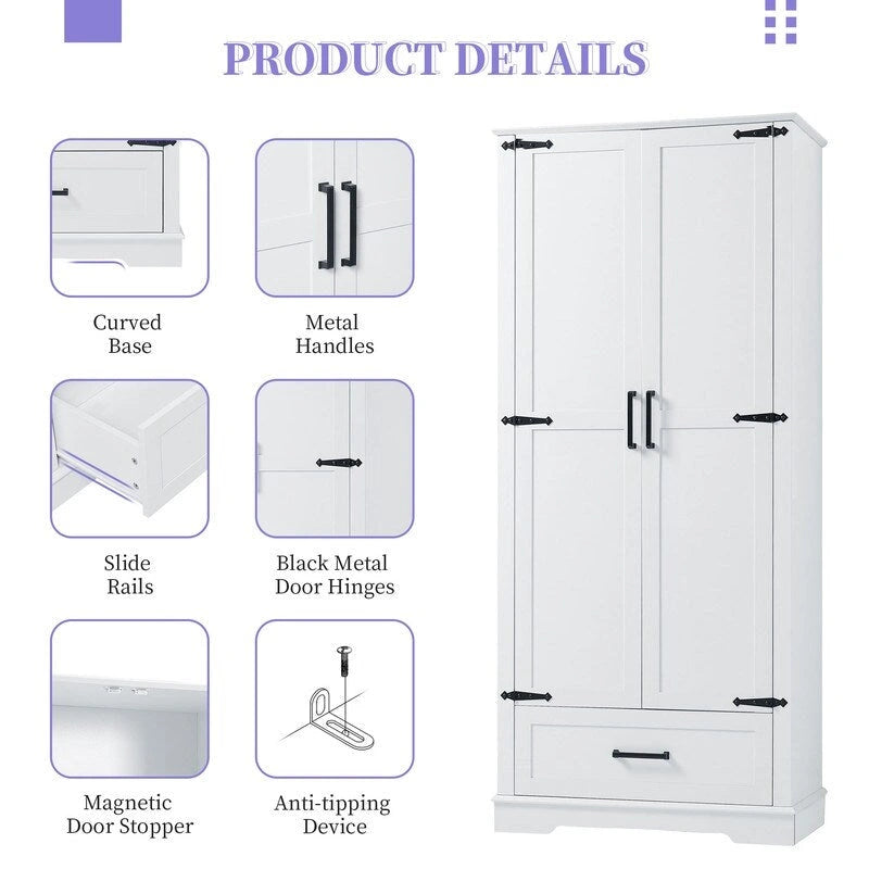 White Tall Storage Cabinet 2 Doors 1 Drawer Adjustable Shelves MDF