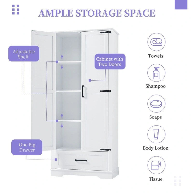 White Tall Storage Cabinet 2 Doors 1 Drawer Adjustable Shelves MDF