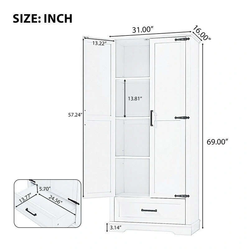 White Tall Storage Cabinet 2 Doors 1 Drawer Adjustable Shelves MDF