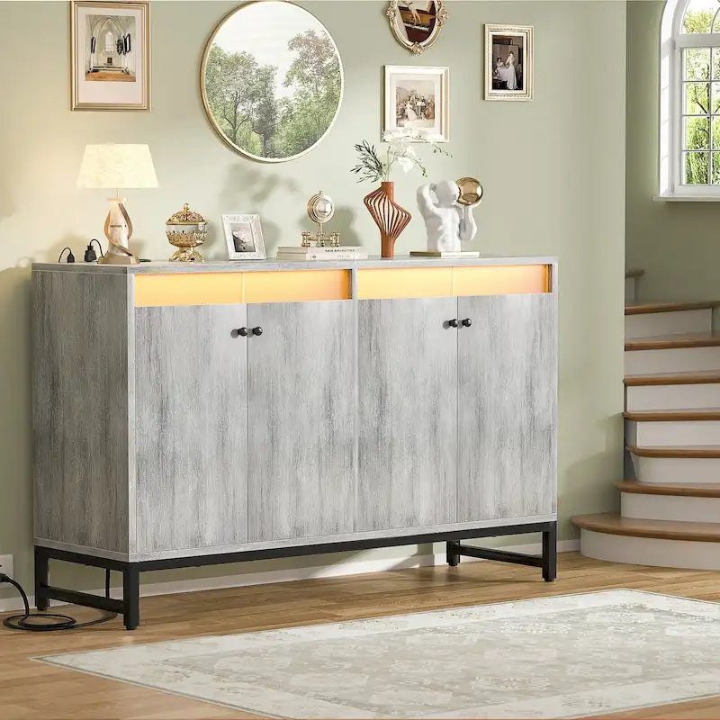 4-Door Sideboard Cabinet with LED Lighting and Power Outlets