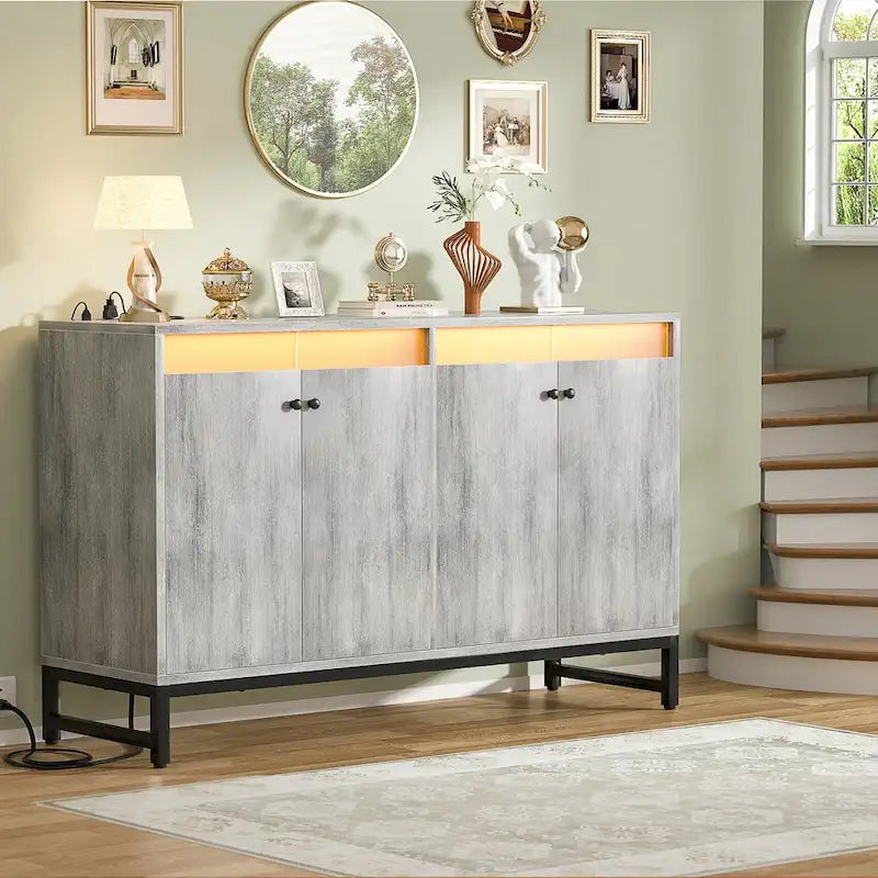 4-Door Sideboard Cabinet with LED Lighting and Power Outlets