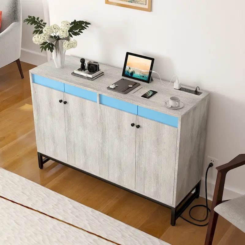 4-Door Sideboard Cabinet with LED Lighting and Power Outlets
