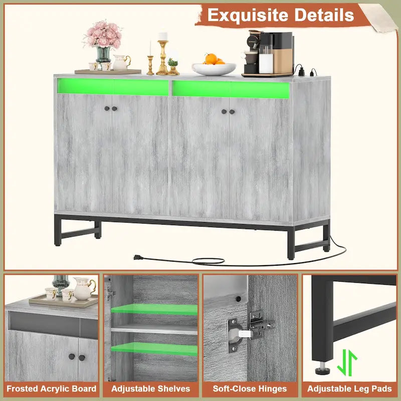 4-Door Sideboard Cabinet with LED Lighting and Power Outlets