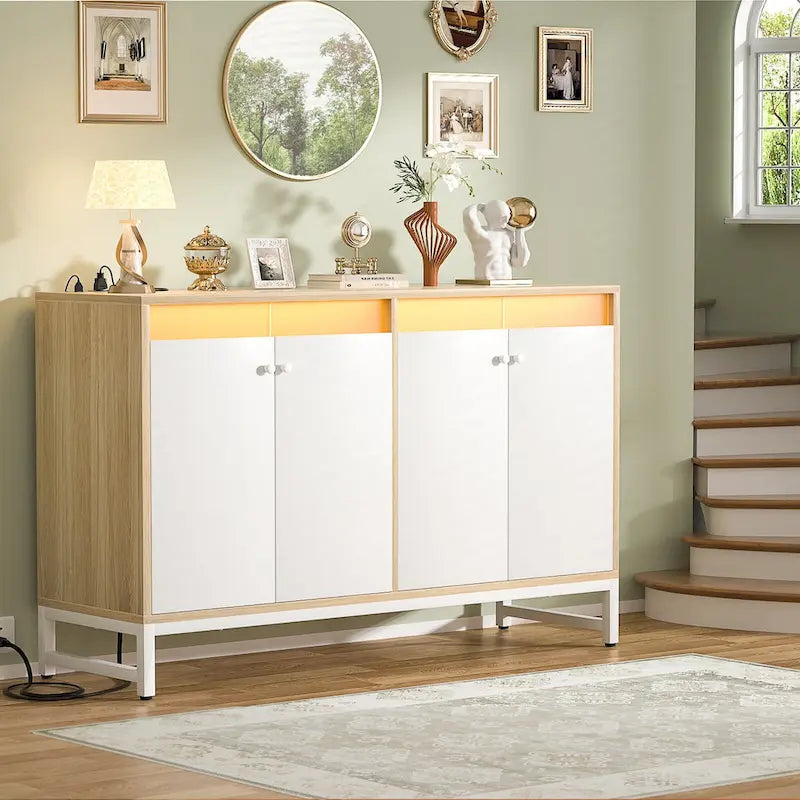 4-Door Sideboard Cabinet with LED Lighting and Power Outlets