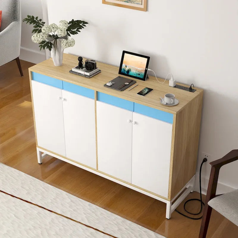 4-Door Sideboard Cabinet with LED Lighting and Power Outlets