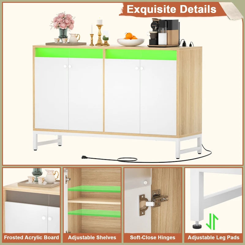 4-Door Sideboard Cabinet with LED Lighting and Power Outlets