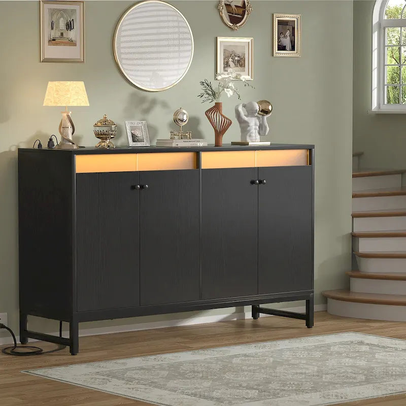 4-Door Sideboard Cabinet with LED Lighting and Power Outlets