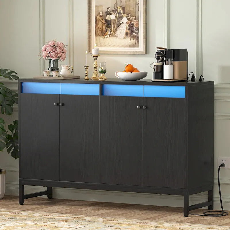 4-Door Sideboard Cabinet with LED Lighting and Power Outlets