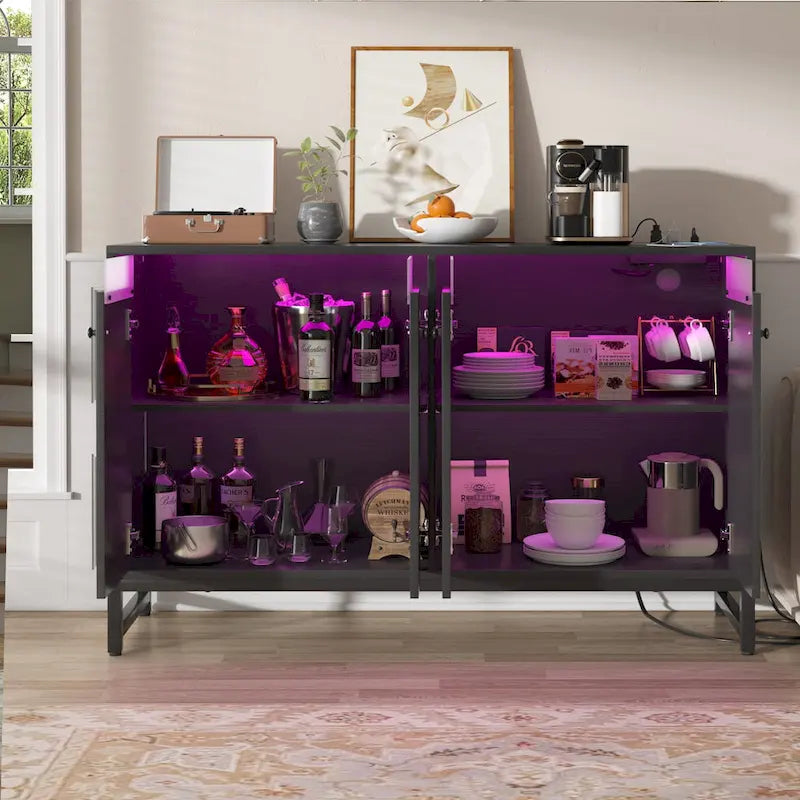 4-Door Sideboard Cabinet with LED Lighting and Power Outlets