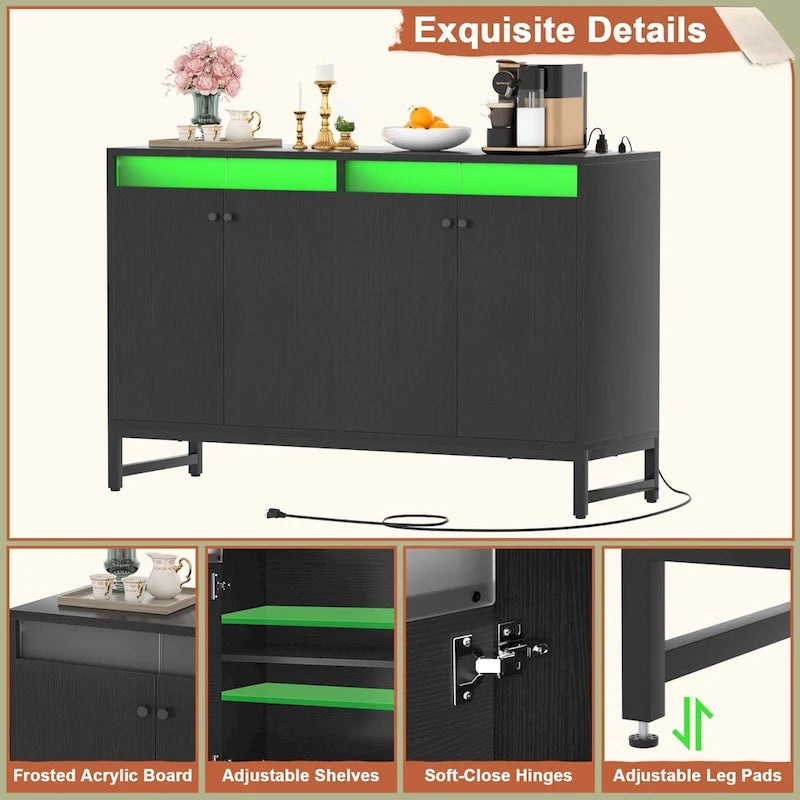 4-Door Sideboard Cabinet with LED Lighting and Power Outlets
