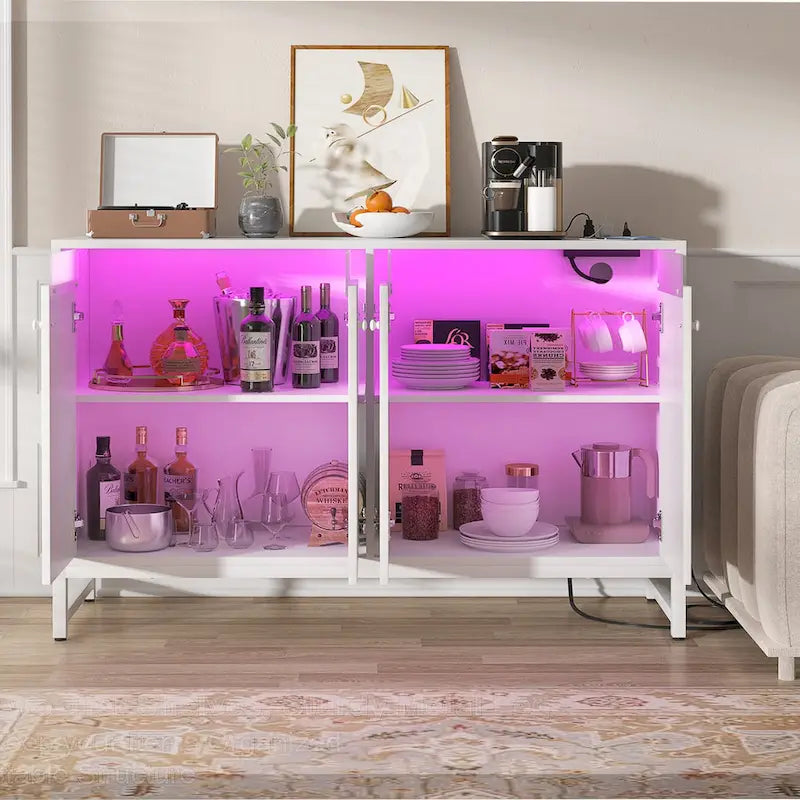 4-Door Sideboard Cabinet with LED Lighting and Power Outlets