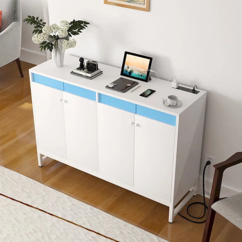 4-Door Sideboard Cabinet with LED Lighting and Power Outlets