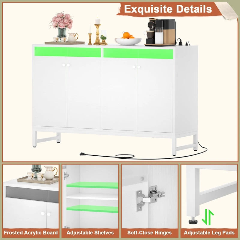 4-Door Sideboard Cabinet with LED Lighting and Power Outlets