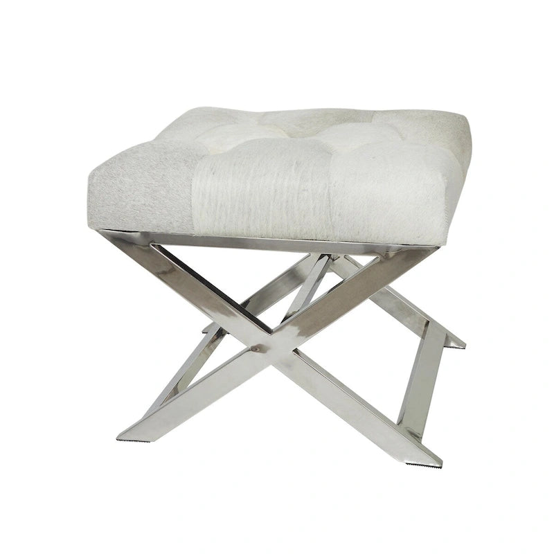 Tufted Leather Upholstered Accent Bench with Silver X-Base, Light Grey / Grey