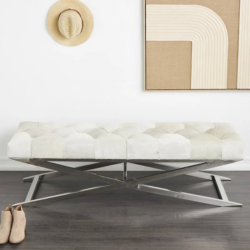 Tufted Leather Upholstered Accent Bench with Silver X-Base, Light Grey / Grey