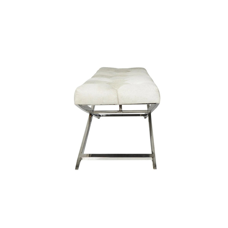 Tufted Leather Upholstered Accent Bench with Silver X-Base, Light Grey / Grey