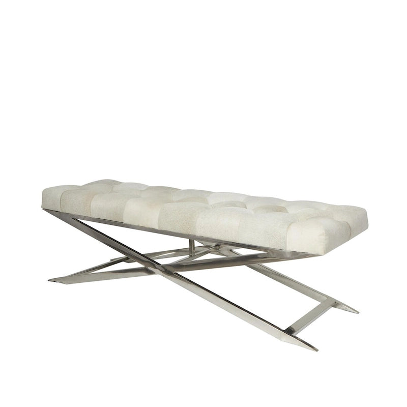 Tufted Leather Upholstered Accent Bench with Silver X-Base, Light Grey / Grey