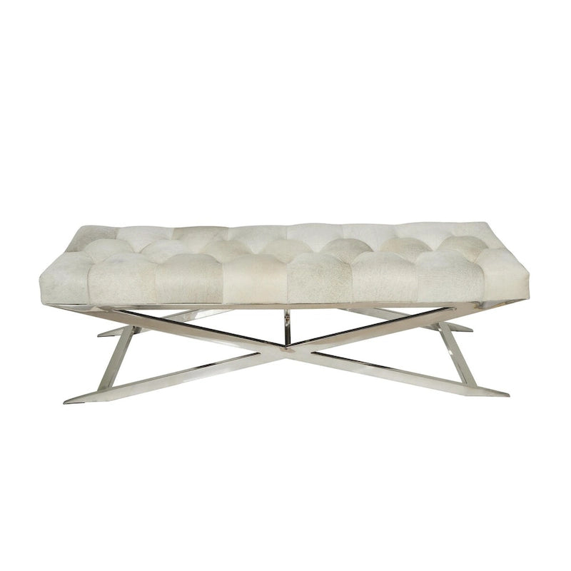 Tufted Leather Upholstered Accent Bench with Silver X-Base, Light Grey / Grey