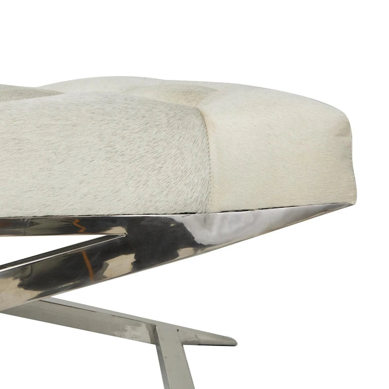 Tufted Leather Upholstered Accent Bench with Silver X-Base, Light Grey / Grey