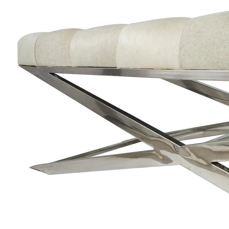 Tufted Leather Upholstered Accent Bench with Silver X-Base, Light Grey / Grey