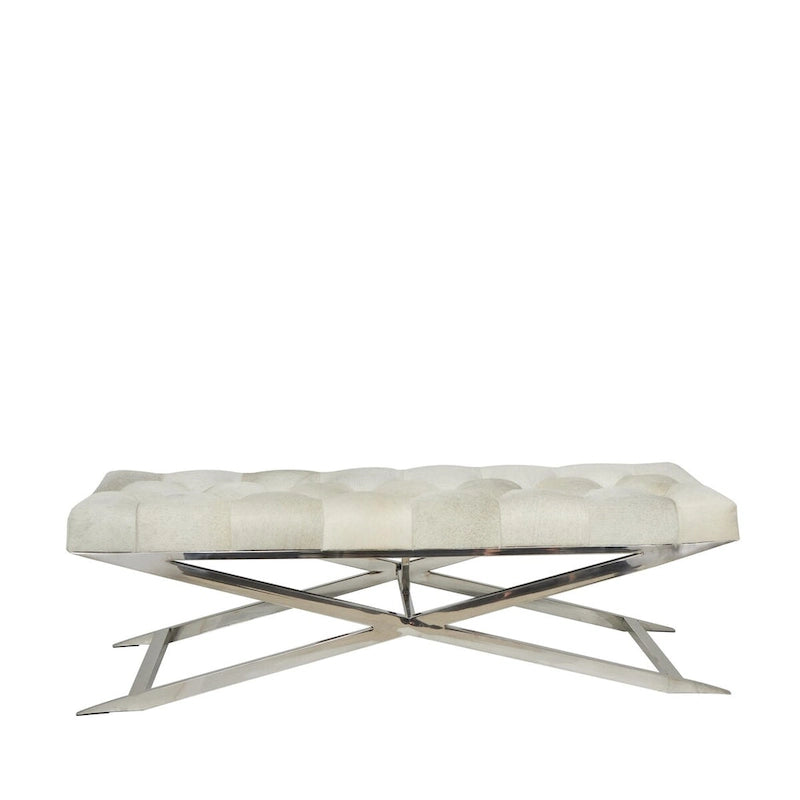 Tufted Leather Upholstered Accent Bench with Silver X-Base, Light Grey / Grey