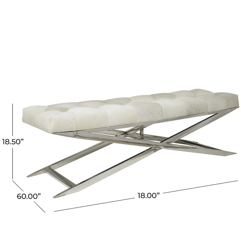 Tufted Leather Upholstered Accent Bench with Silver X-Base, Light Grey / Grey