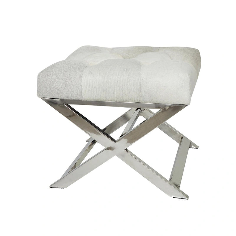 Tufted Leather Upholstered Accent Bench with Silver X-Base, Light Grey / Grey