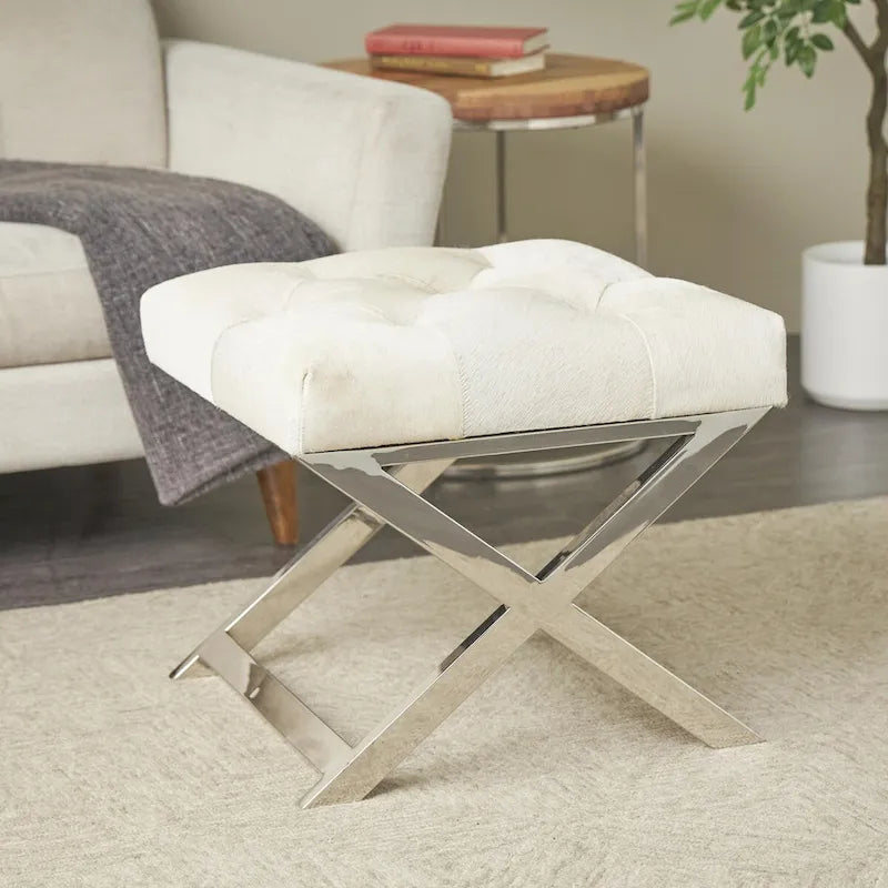 Tufted Leather Upholstered Accent Bench with Silver X-Base, Light Grey / Grey