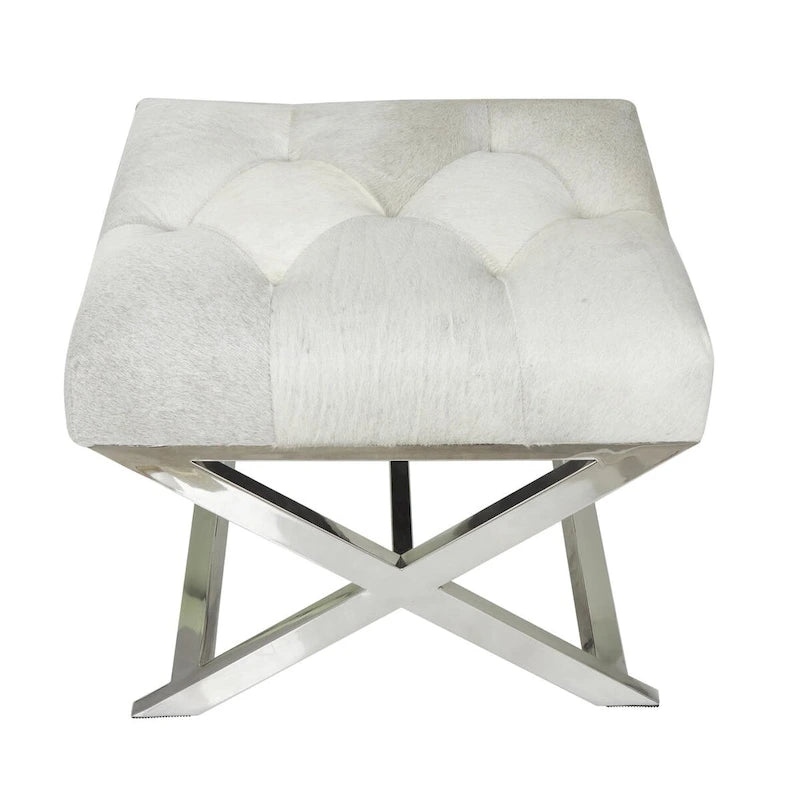 Tufted Leather Upholstered Accent Bench with Silver X-Base, Light Grey / Grey