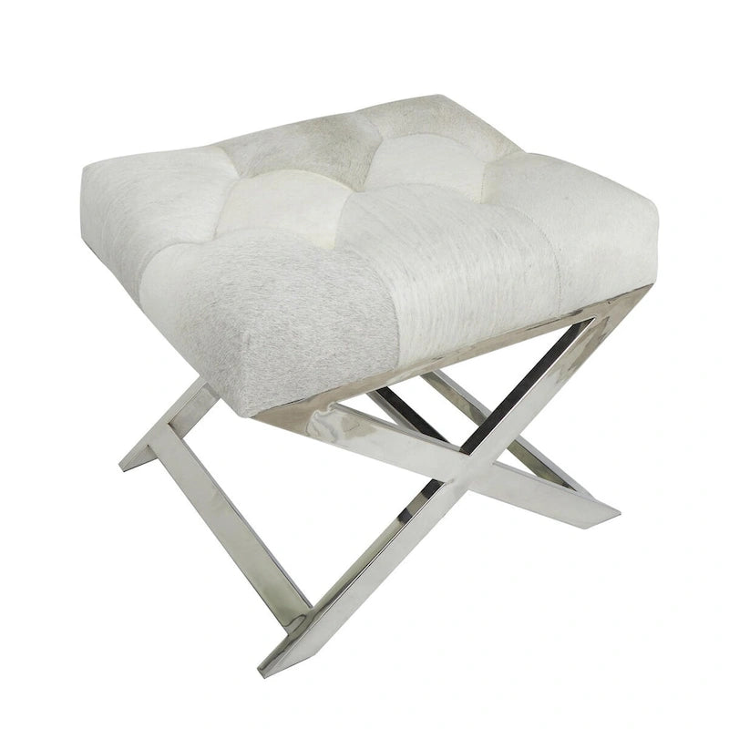 Tufted Leather Upholstered Accent Bench with Silver X-Base, Light Grey / Grey