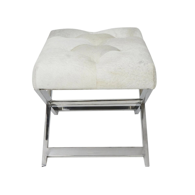 Tufted Leather Upholstered Accent Bench with Silver X-Base, Light Grey / Grey